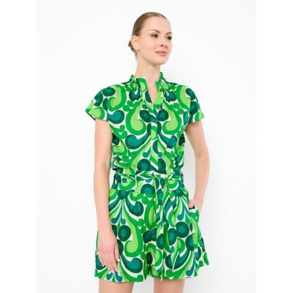 Flora Bea Women's Green & White 100% Cotton Voile Camren Top & Shorts Set with P